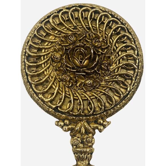 Antique Gilt Scrolled Roses Flapper Small Handheld Mirror Old Hollywood Art Deco - Picture 3 of 12